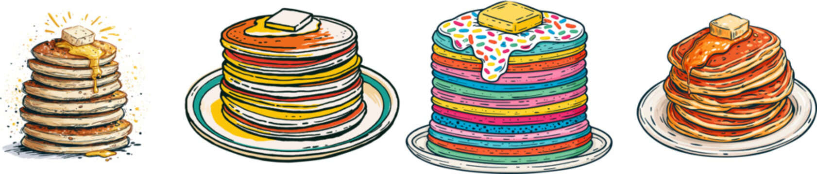 A vibrant doodle illustration depicts a tall stack of golden pancakes with a square piece of butter melting on top, set against a solid white background with high contrast for vector tracing