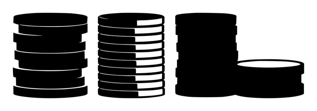 Digital coins set with compact stack of solid black icons on white background featuring digital coin art, currency symbols, monetary graphics with monochrome and flat illustration