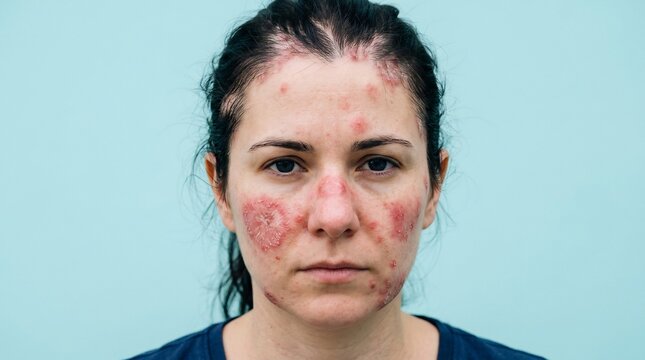 Woman shows signs of facial skin irritation and redness characteristic of lupus or another inflammatory dermatological condition while maintaining a serious and neutral expression toward the camera.