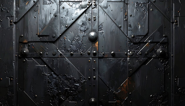 Dark, textured industrial metal gate with rivets and rust, foreboding, weathered texture overlay, heavy duty, strong, grunge