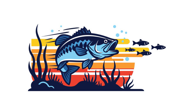 Largemouth Bass Fishing Illustration with School of Small Fish