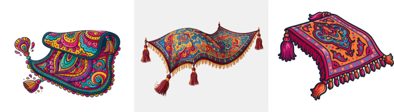 A whimsical flying carpet adorned with vibrant patterns and tassels floats against a stark white background, exuding charm and elegance in its bold, clean design