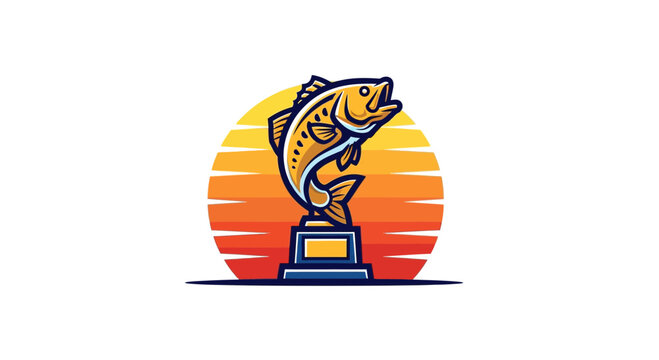 Fishing Tournament Bass Trophy Mascot Logo with Sunset Background
