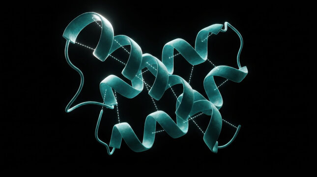 Protein ribbon structure molecule biology biochemistry Protein ribbon structure visualization dark background, abstract molecular biology illustration showing folded polypeptide chain