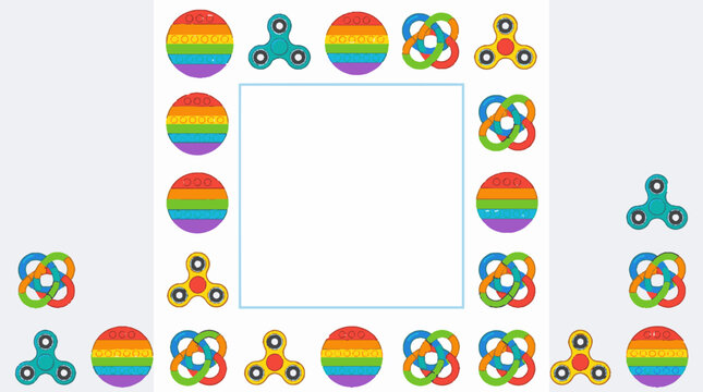 Colorful fidget toys border frame featuring pop-it circles, fidget spinners, and infinity cubes in a vibrant vector illustration on a light gray background.