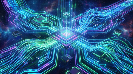 Fototapeta na wymiar Futuristic quantum computer chip circuit network glowing data technology Neon circuit board around central computer chip with flowing data lines, cosmic background, sci fi digital network concept