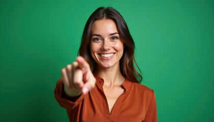 Fototapeta premium Woman with brown hair smiles while pointing finger at viewer. She wears orange shirt against green background. Confident gesture indicates selection or choice.