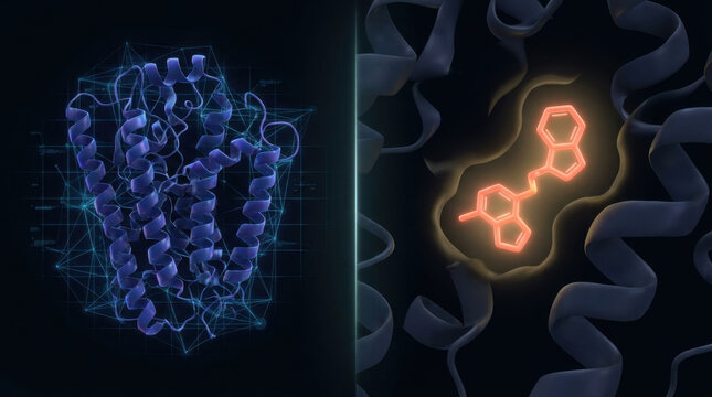 Protein structure molecular model drug discovery biotechnology ligand binding 3d render protein ribbon model with glowing small molecule ligand binding site, digital molecular visualization