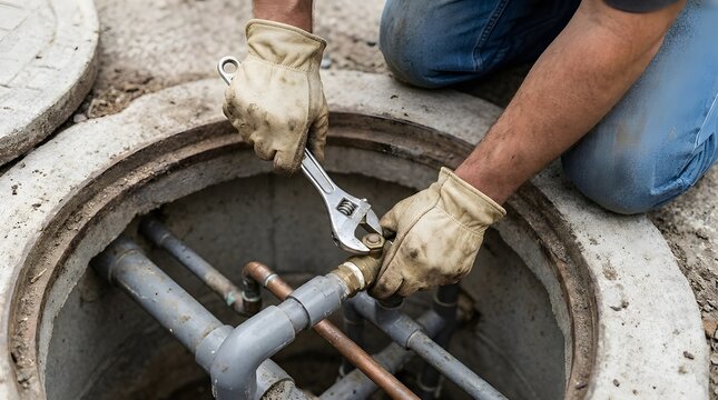 Professional plumber wearing leather work gloves using a silver adjustable wrench on underground metal pipe fittings