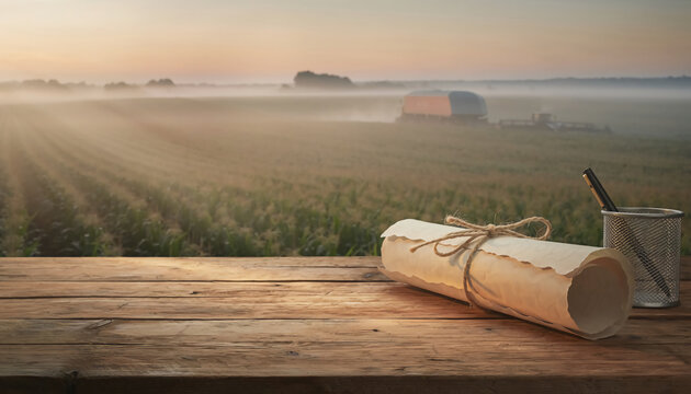 Rolled vintage scroll and pen resting on a rustic wooden table overlooking a vast misty cornfield during an early morning harvest with soft golden sunrise light and sunbeams.