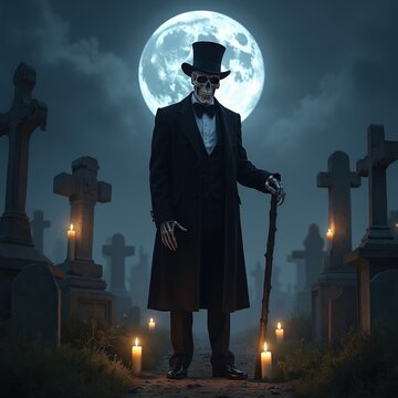 Skeleton man in top hat and suit stands in cemetery at night. Moon shines brightly over graves, candles glow eerily. Gothic figure holds walking stick, spooky mood.