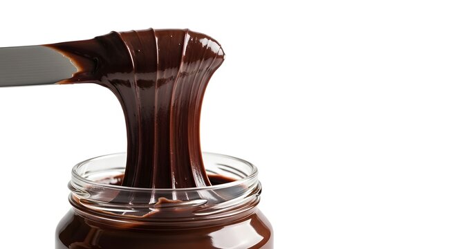 Chocolate hazelnut spread being dispensed from glass jar with silver knife