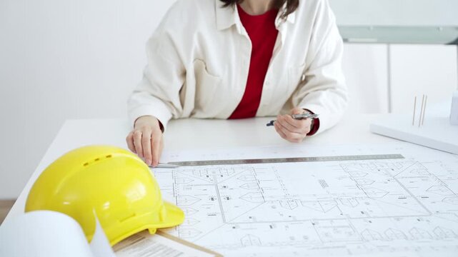Woman architect drawing technical blueprint plans for a new house design. Developing innovative construction projects for modern residential building development
