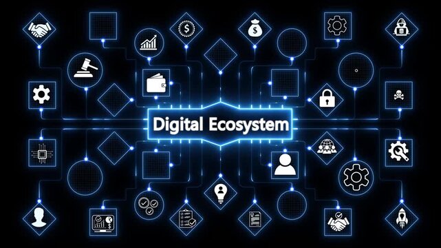AI security and data Digital Ecosystem ecosystem integrate ai, data, and security into one connected system for automation, protection, and efficient digital processes Marrow. 4k motion on transparent