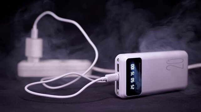 A white portable power bank emits dangerous smoke while charging against a dark background. Concept of electrical fire hazards, overheating lithium batteries, and technology malfunction.