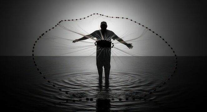 Silhouette of a fisherman casting a net at sunset.