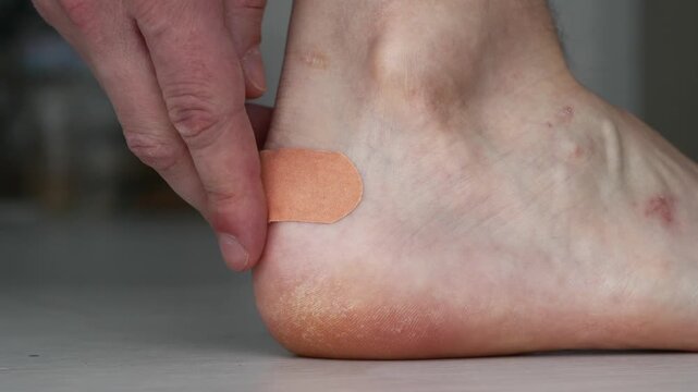 A man covers a callus on his foot with an antibacterial plaster.