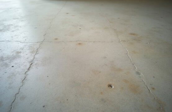 Light grey concrete floor with visible cracks and stains. Textured surface shows signs of wear and age. Abstract background pattern for design or construction projects.