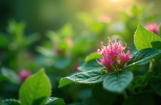 Pink Boerhavia Diffusa flowers grow on green plant with water drops on leaves. Sunlight shines on summer nature detail. Medicinal herb blooms in garden.