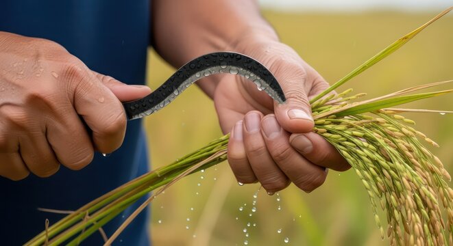 Close-up of farmer harvesting ripe rice grains with a sickle in a golden field.