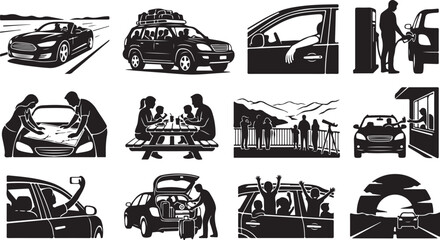 Obraz premium Collection of car travel and road trip scenes, people enjoying journeys and car activities isolated on white background, Vector