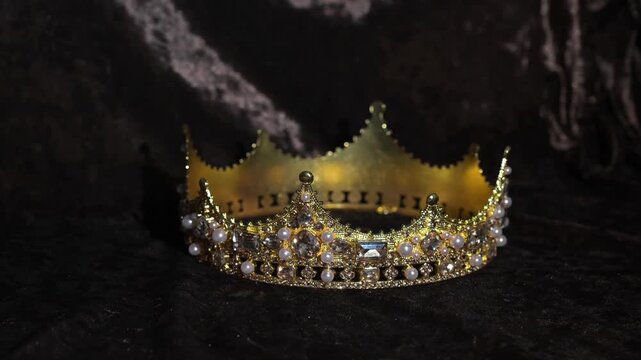 Luxury Golden Crown with Gemstones and pearls on Dark Velvet Background. Elegant luxury golden crown adorned with radiant yellow gemstones placed on a dark velvet texture background. Soft light reflec