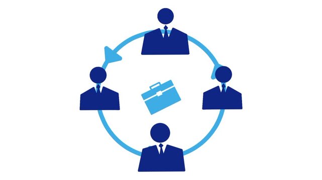 Animated job rotation concept featuring multiple business people, rotating arrows, and work bags. Visual representation of dynamic career movement and organizational flexibility.