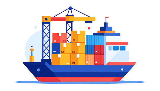 Container ship loaded with cargo, crane loading boxes, blue and red sea, industrial logistics and freight transport
