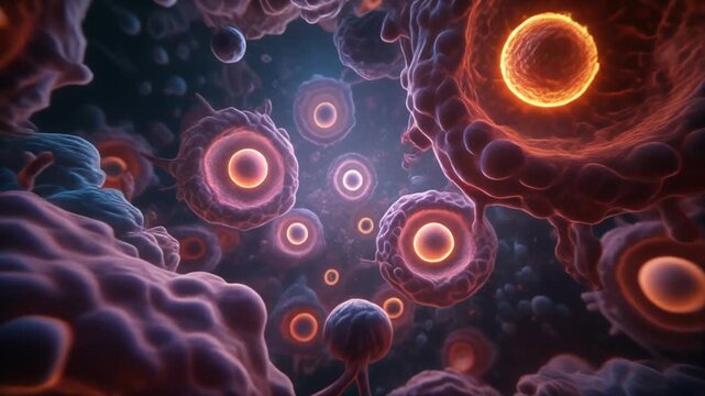 Microscopic view of glowing centrosome organelles in human cells