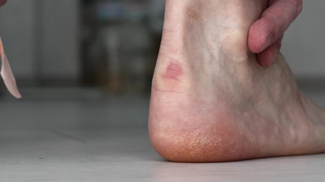A callus on a person's foot covered with a medical plaster.
A chafed foot from tight shoes, an injury from a chafing.