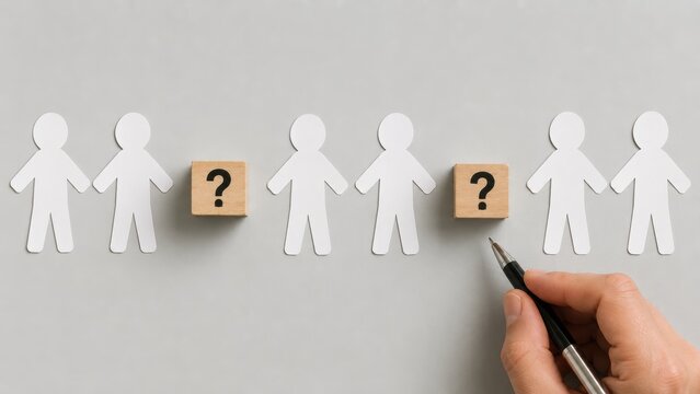 White paper people chain with question mark blocks and hand holding pen on gray background, illustrating hiring process, missing employee, recruitment strategy and HR team planning concept