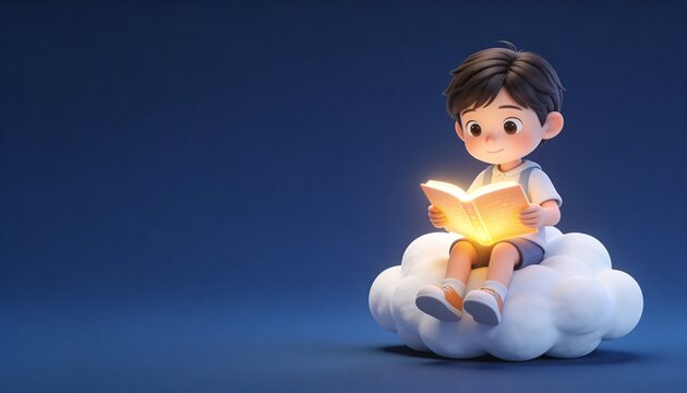 3D cartoon boy reading a glowing book while sitting on a cloud. Imagination and education concept. International Children's Day illustration with copy space on blue background