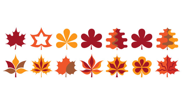 Collection of stylized autumn leaves in various shapes and warm colors, presented in two rows against a white background.