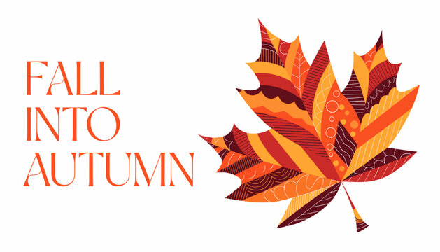 Vibrant, stylized maple leaf with intricate patterns in warm autumn colors, next to the text "FALL INTO AUTUMN".