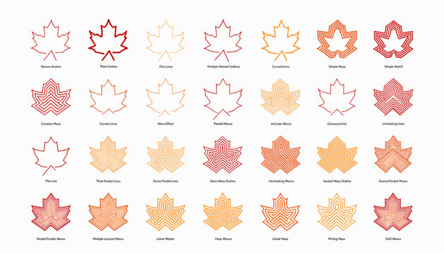 A comprehensive collection of 30 distinct maple leaf illustrations, showcasing a spectrum of colors from deep reds and oranges to soft yellows and creams, each with a unique textured outline.