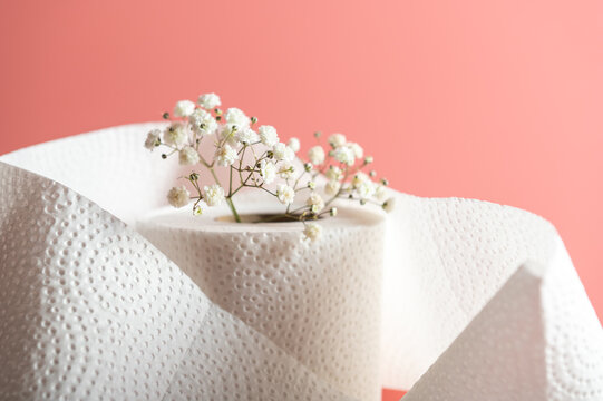 A soft toilet paper roll holds gypsophila flowers on a pastel pink background