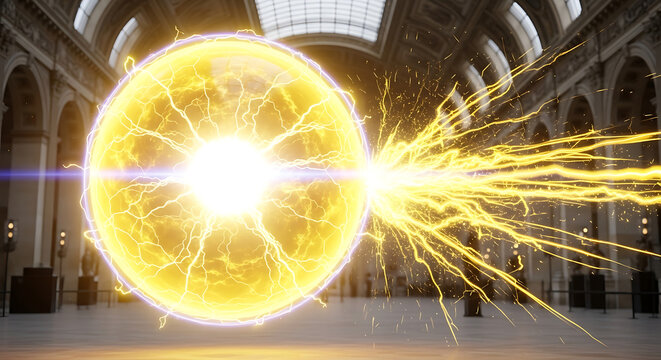 Bright magical energy orb exploding with electric light sparks in grand indoor hall explosion architecture interior electric dramatic