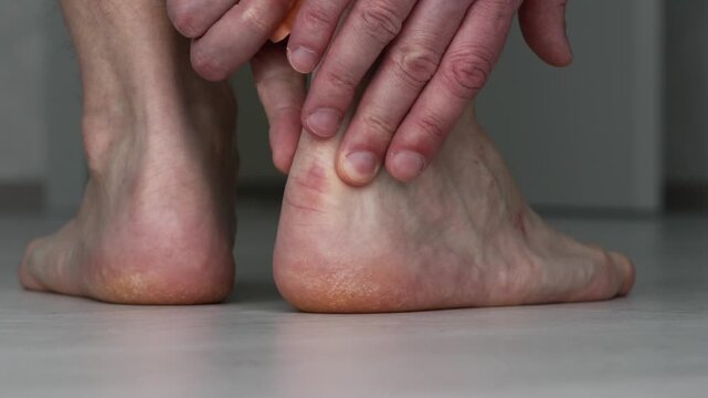 A man covers a callus on his foot with an antibacterial plaster.