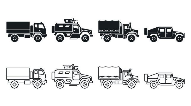 Military Vehicle Silhouettes Black Line Art On White Background