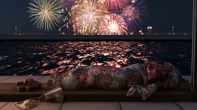 yukata. Folded fan and yukata sleeve on doorstep with fireworks over Sumida River, Tokyo summer celebration. event programs, museum guides, designed for cultural heritage projects and event programs.
