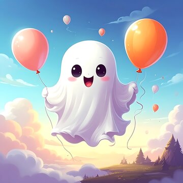 A cheerful ghost floats with colorful balloons