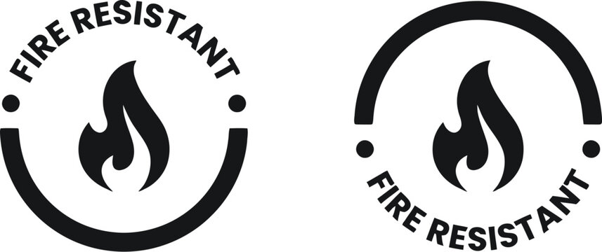 Retardant Safety Label Icons for Fire Resistant Materials and Industrial Packaging. Fire resistant icon black  symbol in a circular badge on white background. Fire resistant sign on white background. 