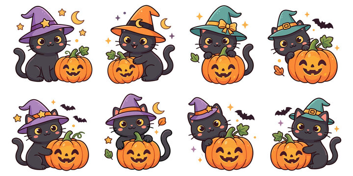 Cute Black Cats Wearing Witch Hats With Pumpkins For Halloween Celebration Illustrations