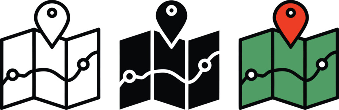 Map icon with pin gps vector flat and location marker pointer place in isometric design, concept of road trip direction position symbol, travel destination trip point, city street navigator image. 