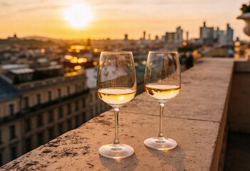 Obraz premium Two glasses of white wine on a rooftop ledge at sunset. City skyline view during golden hour. Urban lifestyle and evening drinks concept