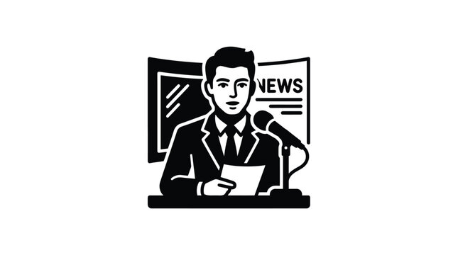 News anchor silhouette icon black and white broadcast journalism graphic