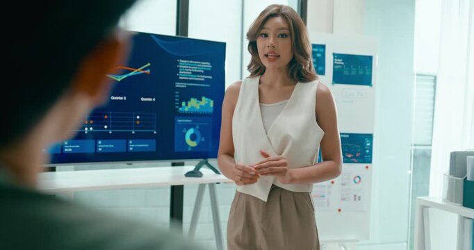 Group of Asian businesspeople work together leads business meeting uses presentation TV with revenue, profit or sale statistics in office. Financial generation z team brainstorm on e-Commerce project.