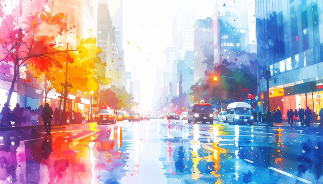 都会の街並みと行き交う車を描いた水彩画風の風景イラスト　雨上がりの濡れた路面と鮮やかな街の灯りが反射する情緒的な都市の街路の背景素材　チラシやWebバナーの表紙に適したコピースペースのあるデザイン素材