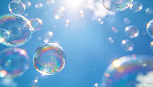 Soap bubbles floating in a bright blue sky with sunlight. Iridescent rainbow spheres on International Children's Day. Summer background with copy space
