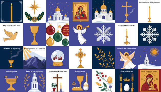 Collection of Christian Orthodox religious symbols and icons depicting Nativity, Epiphany, Holy Cross, and other significant holy feasts.